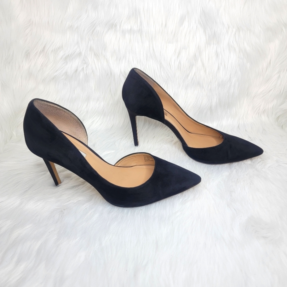 INC International Concepts black suede pointed toe stiletto pumps.